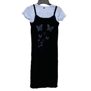 Vintage 90s Y2k Velvet Butterfly Blue Long Dress with Light Blue Shirt NWT